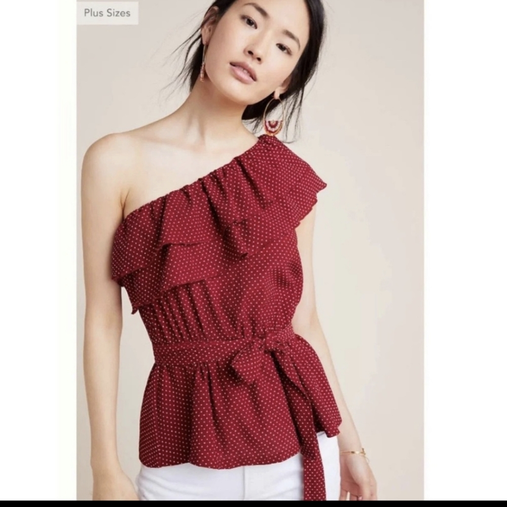 Maeve by Anthropologie Rita Ruffled red dotted one shoulder blouse XSmall